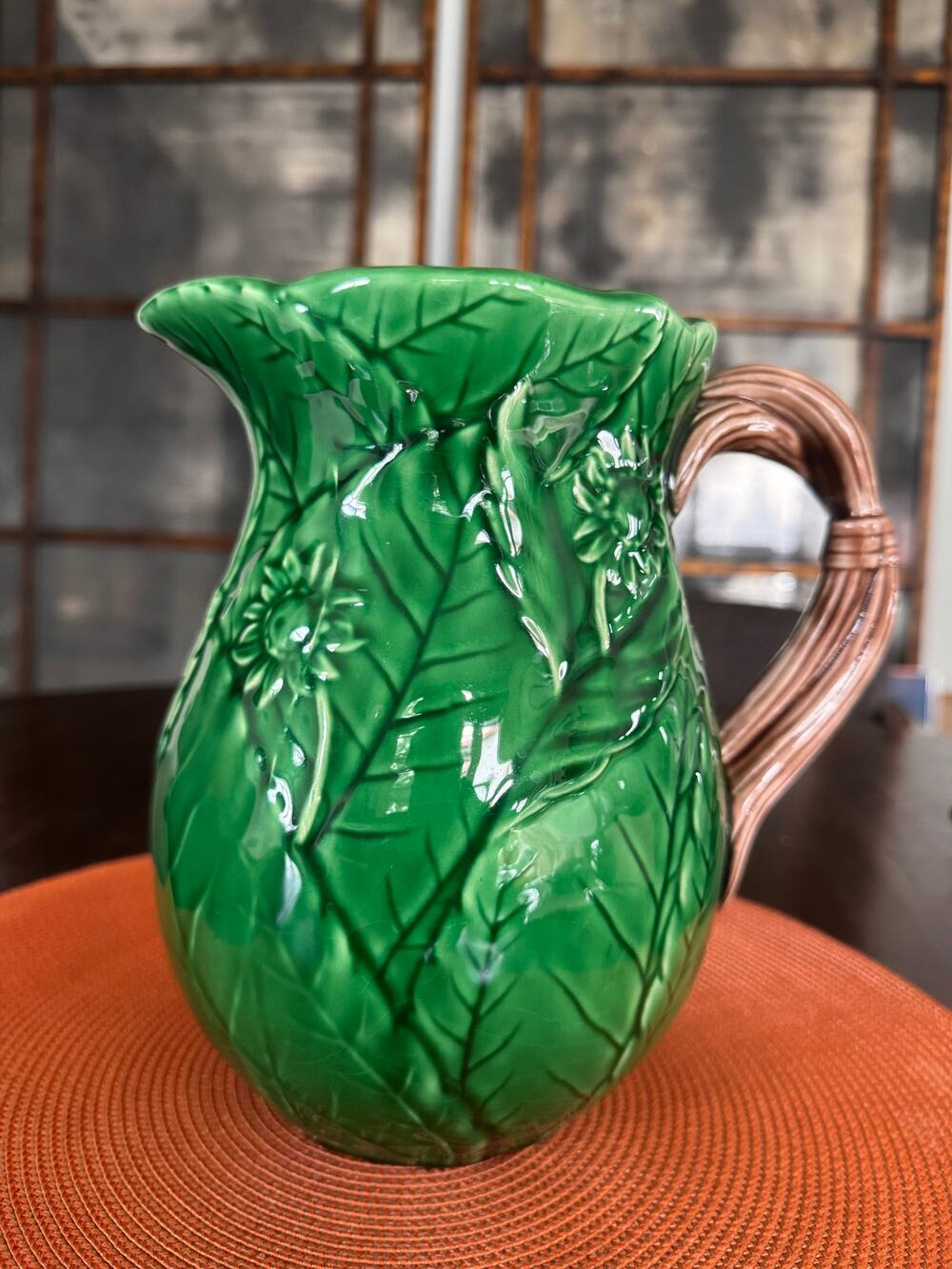 Vintage Majolica Style Green Leaf Motif Pitcher- 1983 - MInt!